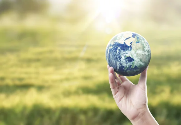 Глобус, земля в руке, держит нашу планету сияющей. Изображение Земли pr — стоковое фото