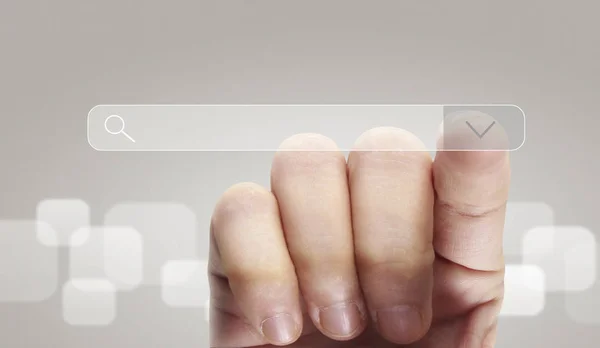 Hands touching button screen interface global connection custome — Stock Photo, Image