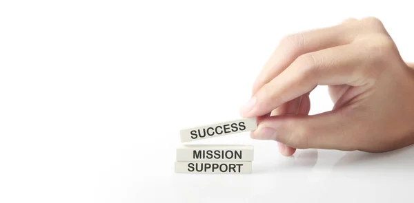 Куб Словами Успіх Компанія Підтримка Кваліфікація Місія Бізнес Руці Особистий — стокове фото