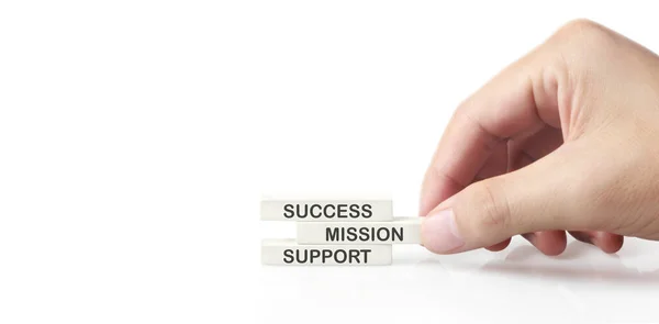 Kostka Słowami Sukces Firma Wsparcie Quali Misja Biznes Ręku Rozwój — Zdjęcie stockowe