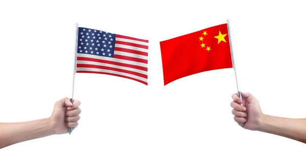 Hand Holding American Flag China Flag Hand — Stock Photo, Image
