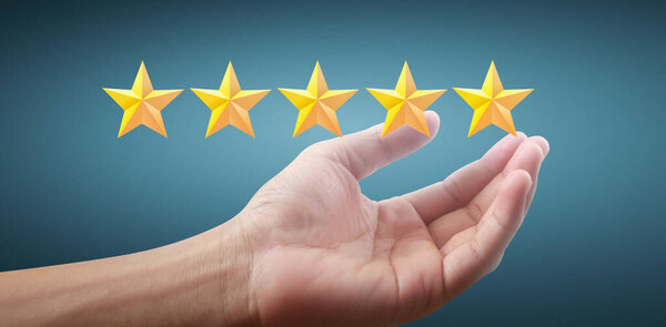 Hand of touching rise on increasing five stars. Increase rating evaluation and classification concept