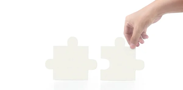 Hand Des Verbindenden Puzzles Konzept Der Teamarbeit Isoliert — Stockfoto