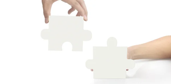 Hand Connecting Jigsaw Puzzle Concept Teamwork Isolated — Stock Photo, Image