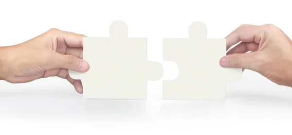 Hand Connecting Jigsaw Puzzle Concept Teamwork Isolated — Stock Photo, Image