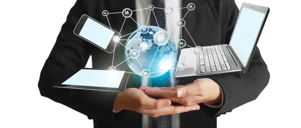 Technology Tech Devices Connected Each Other Hands — Stock Photo, Image
