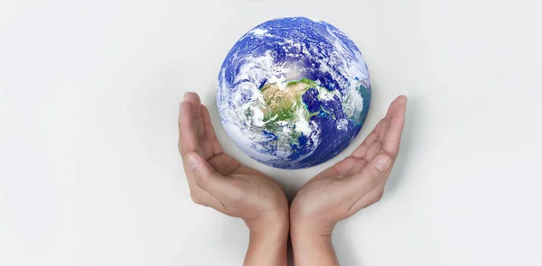Globus Erde Menschlicher Hand Die Unseren Planeten Glühend Hält Erdbild — Stockfoto