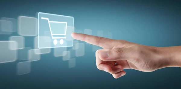 Eller Düğme Ekran Arayüzüne Dokunuyor Küresel Bağlantı Müşteri Veri Alışverişi — Stok fotoğraf