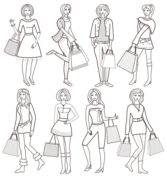Young Fashion Girls Vector Illustration Coloring Book — Stock Vector