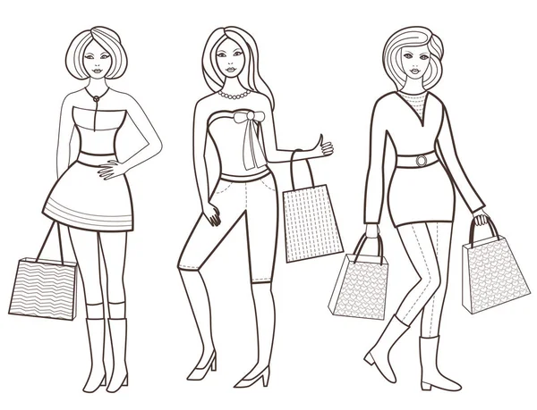 Schöne Frauen Mit Einkaufstaschenvektorillustration — Stockvektor