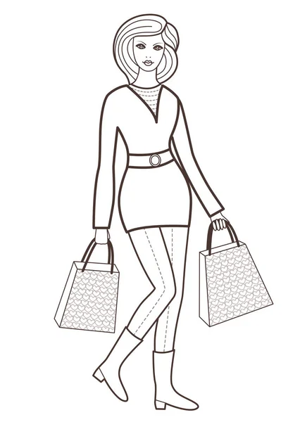 Beautiful Women Shopping Bag Vector Illustration Coloring Book — Stock Vector