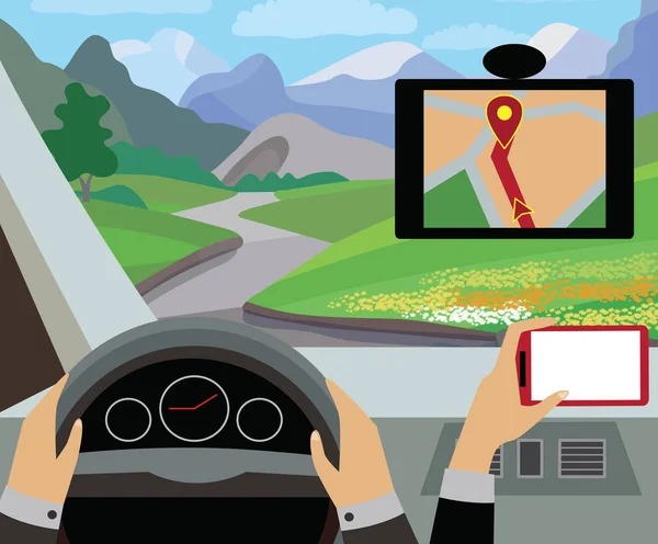 Menggunakan Navigator Dengan Peta Modern Dan Aplikasi Dalam Mobil Ilustrasi - Stok Vektor