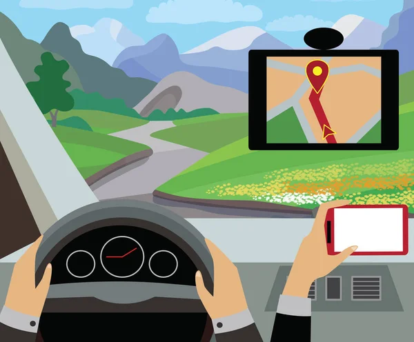 Utilisation Navigateur Avec Des Cartes Modernes Des Applications Dans Voiture — Image vectorielle