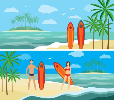 Deniz kenarı, (vektör çizim sörf, yaz tatili)