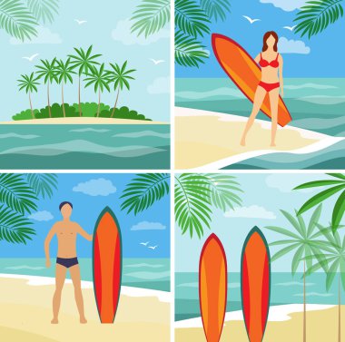 Deniz kenarı, (vektör çizim sörf, yaz tatili)