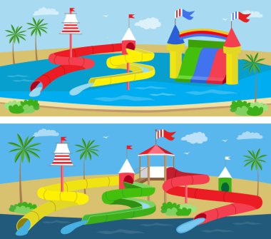 Aile ve çocuklar için kaydıraklı Aquapark. (vektör çizim, düz kavramı)