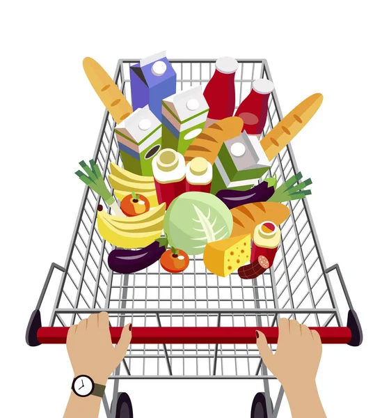 Trolley Met Voedsel Supermarkt Vectorillustratie — Stockvector