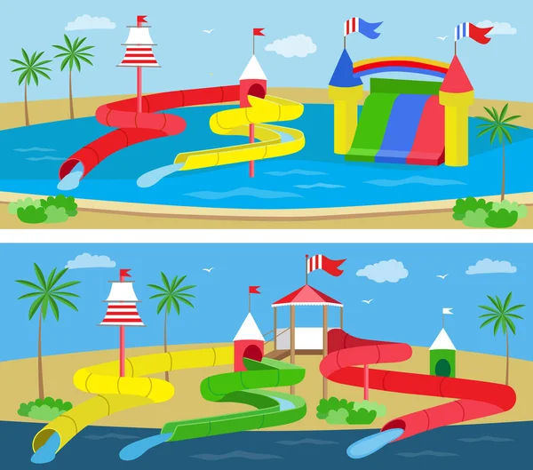 Aquapark Com Escorregas Para Família Crianças Ilustração Vetorial Conceito Plano — Vetor de Stock