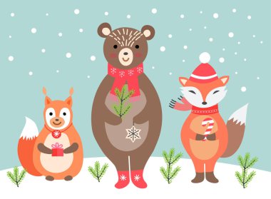Neşeli Noel kartı şablonu balıklı hayvanlarla