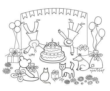 Mutlu doğum günü kartı şablonu insanlar ve doğum günü pastası ile