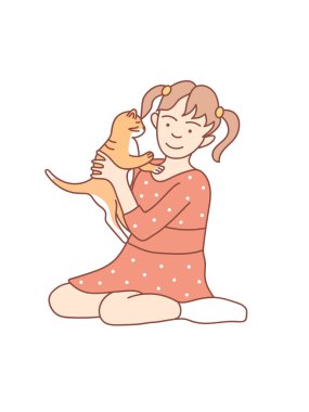 küçük kız beyaz arka plan üzerinde kedi ile oynarken 