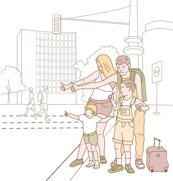 Felice Famiglia Cattura Trasporto Viaggiare — Vettoriale Stock