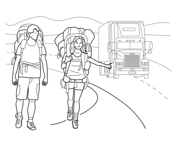 男性と女性のバックパック旅行のための輸送をキャッチ — ストックベクタ