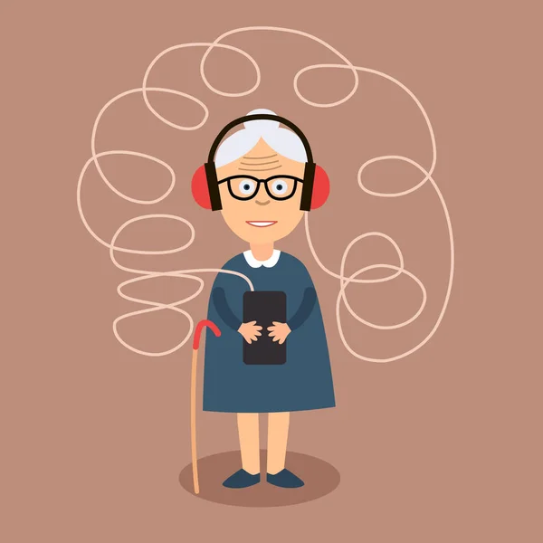 Alte Frau Mit Großen Blauen Kopfhörern Die Musik Auf Dem — Stockvektor