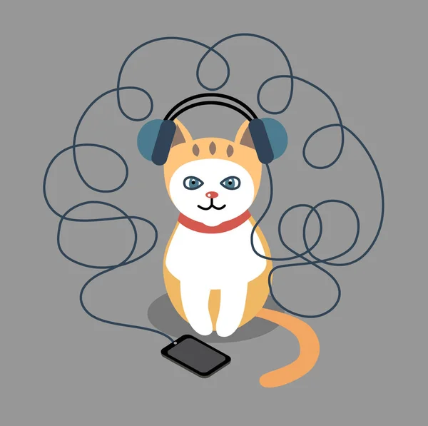 Chat Dans Grand Casque Bleu Écoutant Musique Sur Téléphone Mobile — Image vectorielle