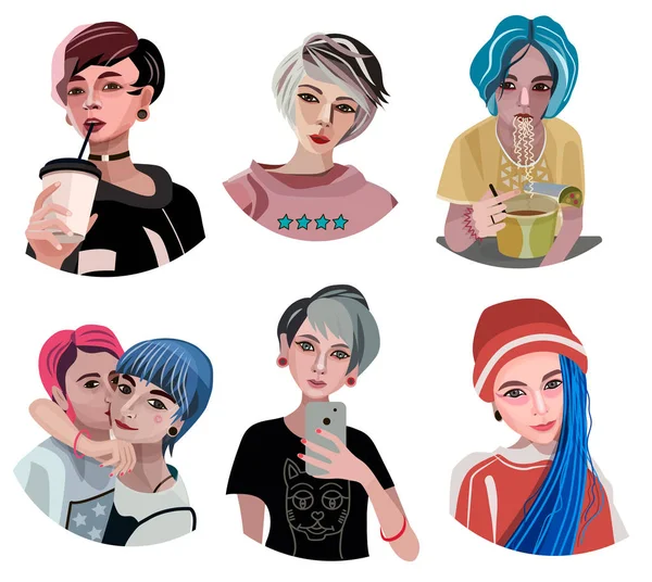 Набор Девушек Красочными Волосами Векторная Иллюстрация — стоковый вектор
