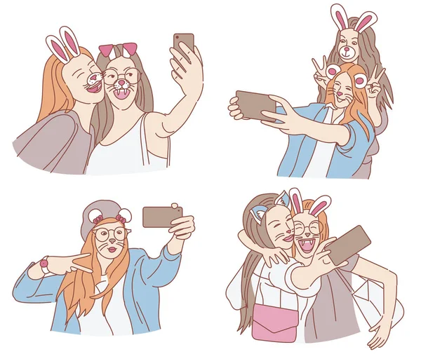 Set People Masks Making Selfie Smartphone White Background — Stock Vector