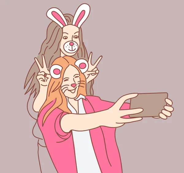 ピンクの背景にスマート フォンで Selfie を作ってマスクの人々 — ストックベクタ