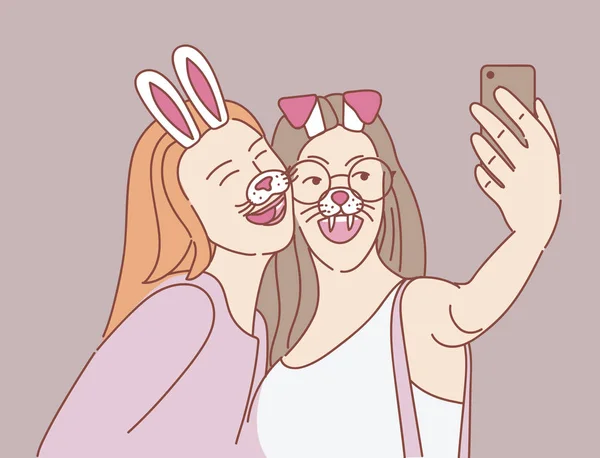 Personas Con Máscaras Haciendo Selfie Teléfono Inteligente Sobre Fondo Rosa — Archivo Imágenes Vectoriales