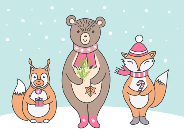Joyeux Modèle Carte Noël Avec Des Animaux Fins — Image vectorielle