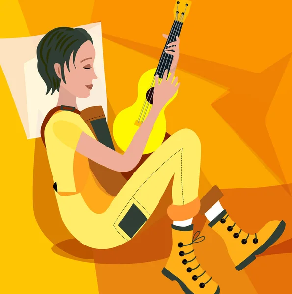 Frau Spielt Auf Der Gitarre Vektor Illustration — Stockvektor