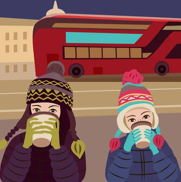 Dos Chicas Bebiendo Café Parada Autobús — Vector de stock