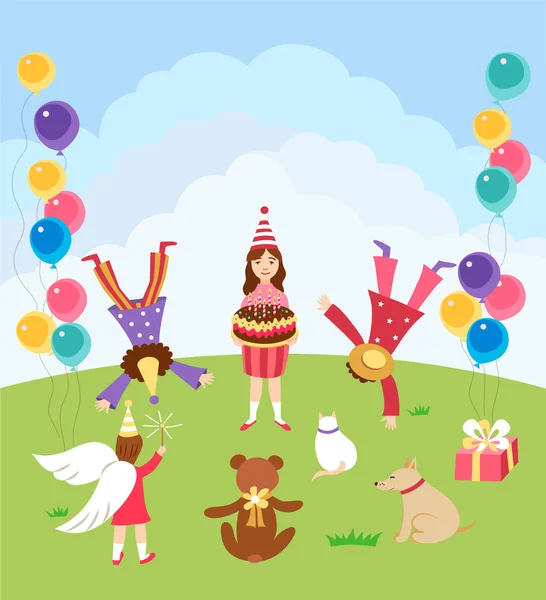 Happy Birthday Card Template People Dancing Lawn — Stock Vector