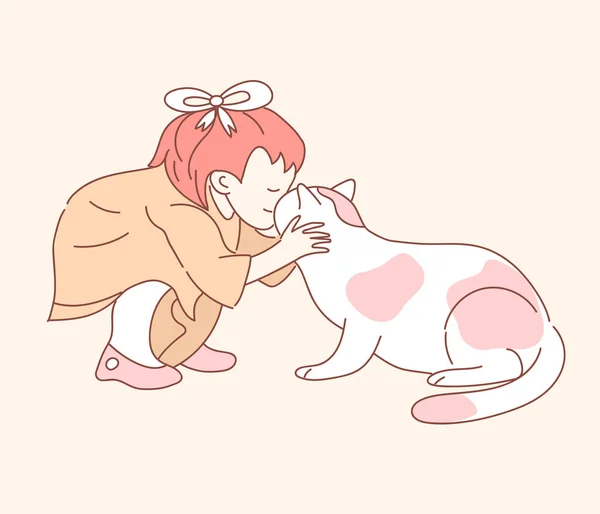 小女孩亲吻猫在颜色背景 — 图库矢量图片