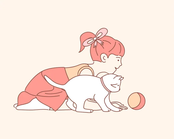 在颜色背景上玩猫的小女孩 — 图库矢量图片