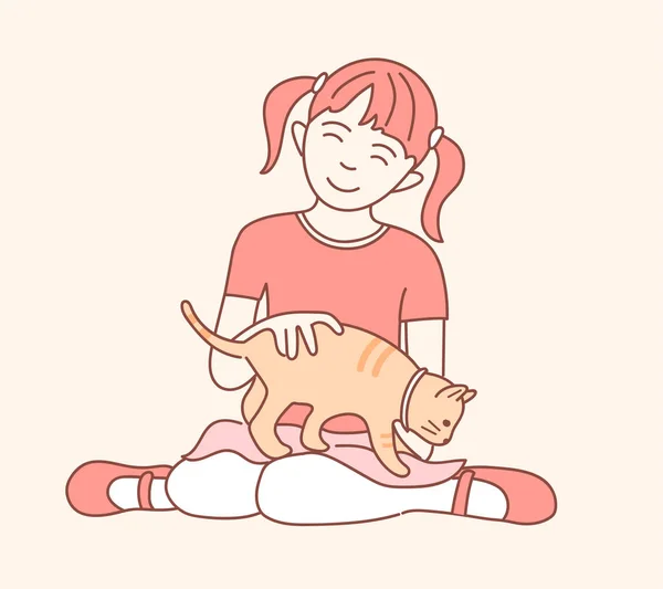 小さな女の子が色の背景上の猫と遊んで — ストックベクタ