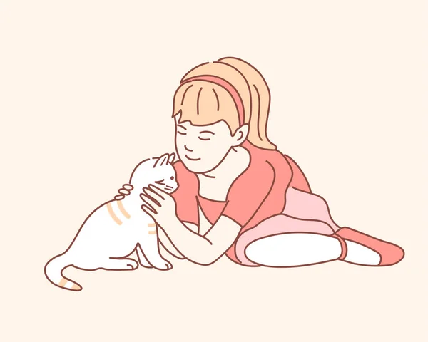 Petite Fille Jouer Avec Chat Sur Fond Couleur — Image vectorielle