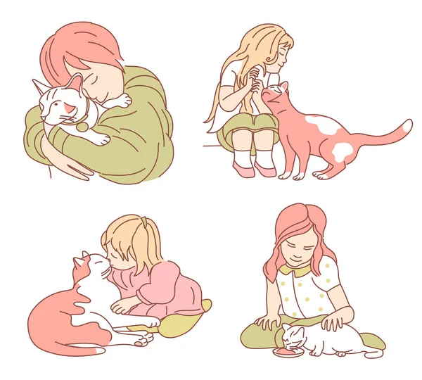 设置小女孩与猫在白色的背景 — 图库矢量图片