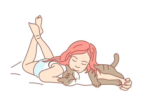 Niña Jugando Con Gato Sobre Fondo Blanco — Vector de stock