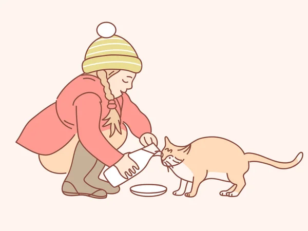 Kleines Mädchen Füttert Katze Auf Farbigem Hintergrund — Stockvektor