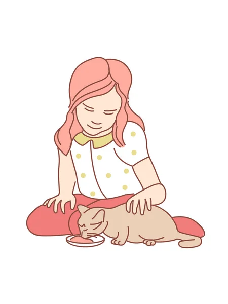 Kleines Mädchen Füttert Katze Auf Weißem Hintergrund — Stockvektor