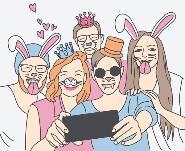Kelompok Orang Orang Bertopeng Membuat Selfie Smartphone Pada Latar Belakang - Stok Vektor