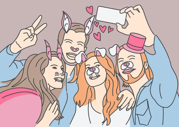 Ομάδα Ανθρώπων Μάσκες Κάνοντας Selfie Στο Smartphone Χρώμα Φόντου — Διανυσματικό Αρχείο