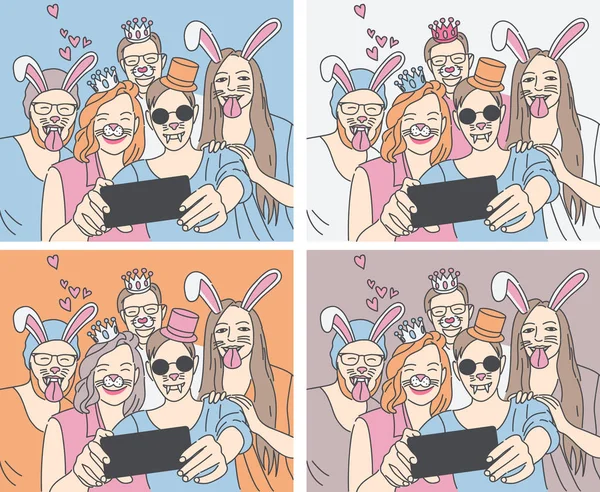 Kişi Selfie Smartphone Renk Arka Plan Üzerinde Yapım Maskeler — Stok Vektör