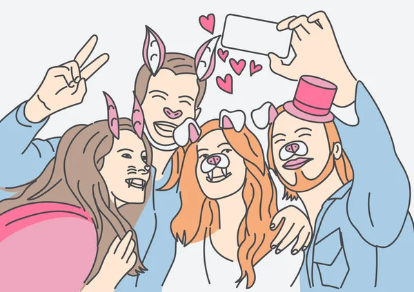 Grupo Pessoas Máscaras Fazendo Selfie Smartphone Fundo Branco — Vetor de Stock