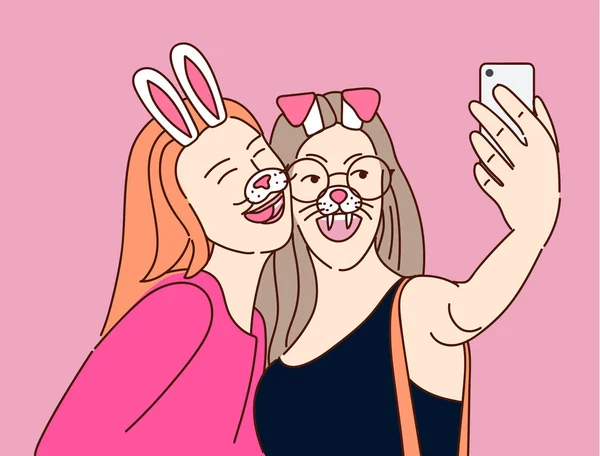 Group People Masks Making Selfie Smartphone Pink Background — Stock Vector
